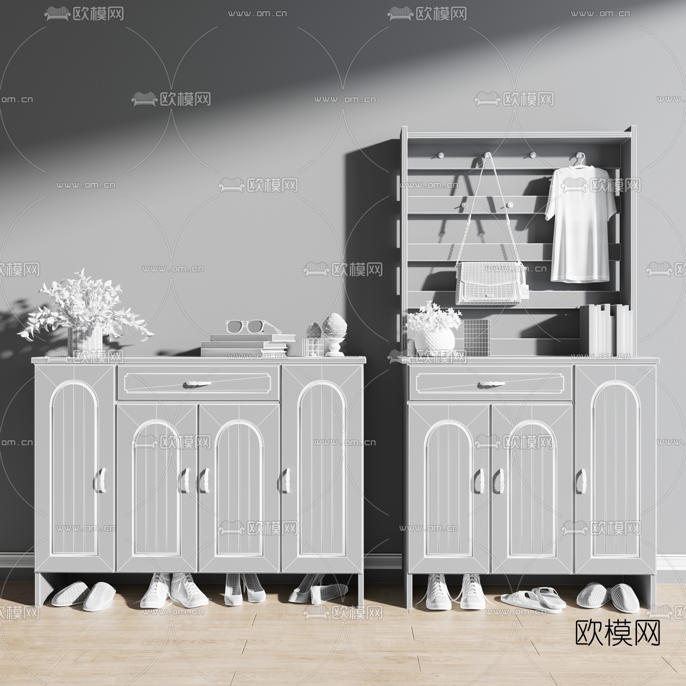 北欧烤漆鞋柜组合3d模型下载（渲染图2）