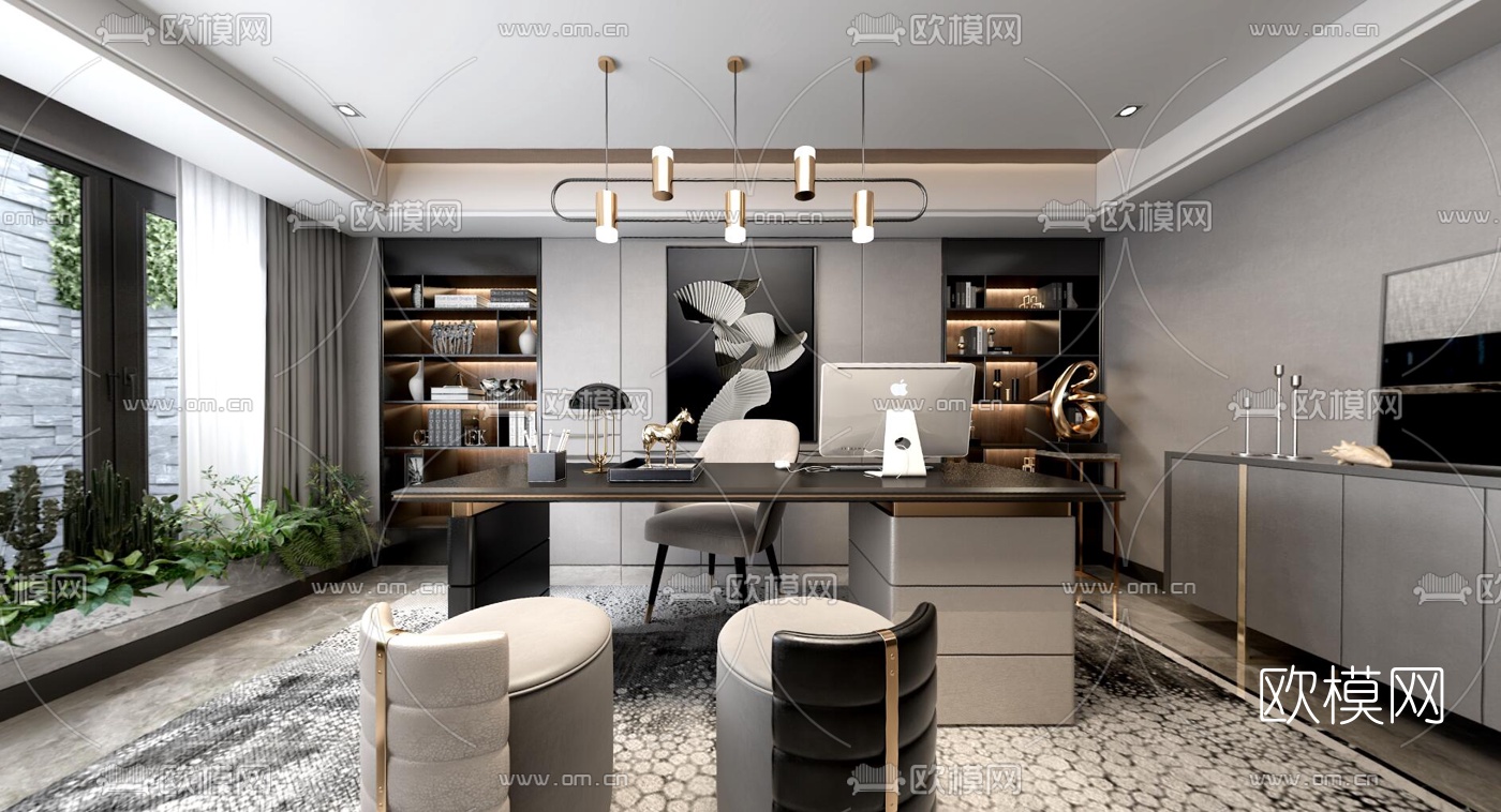 现代轻奢书房vr全景3d模型