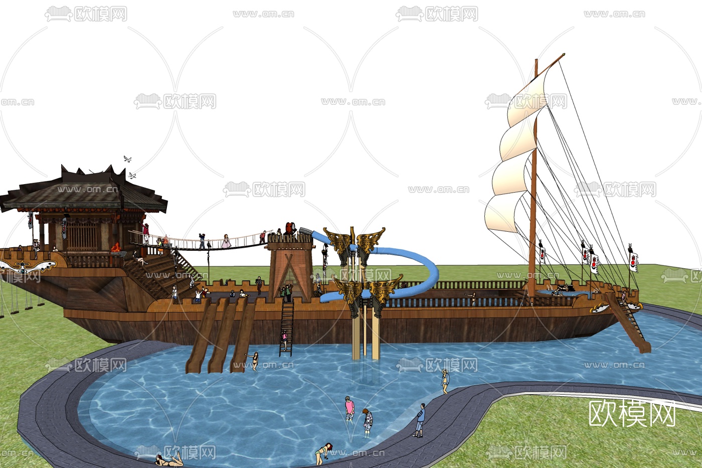 中式帆船水上滑梯免费su模型下载