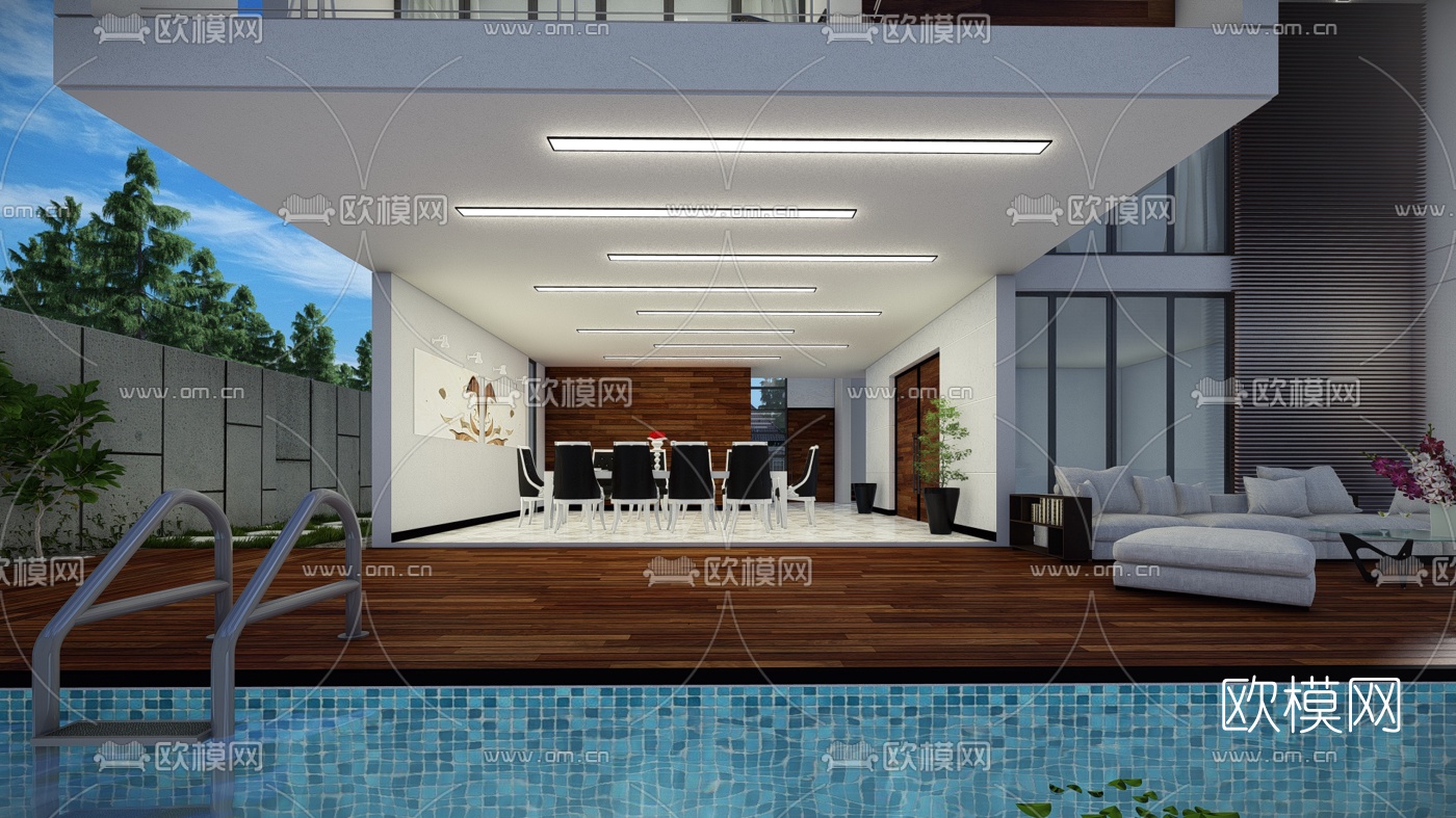 现代独栋别墅外观su模型下载（渲染图3）