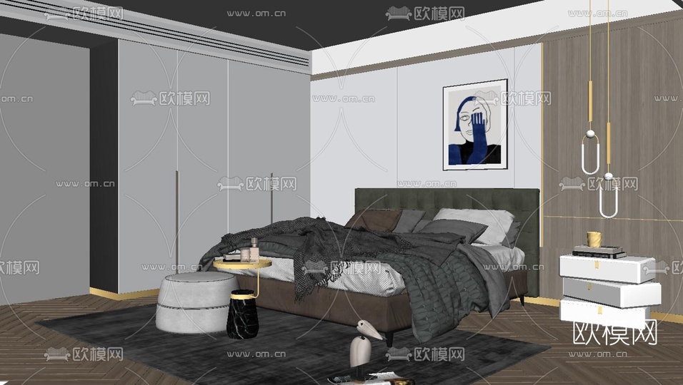现代轻奢卧室su模型下载