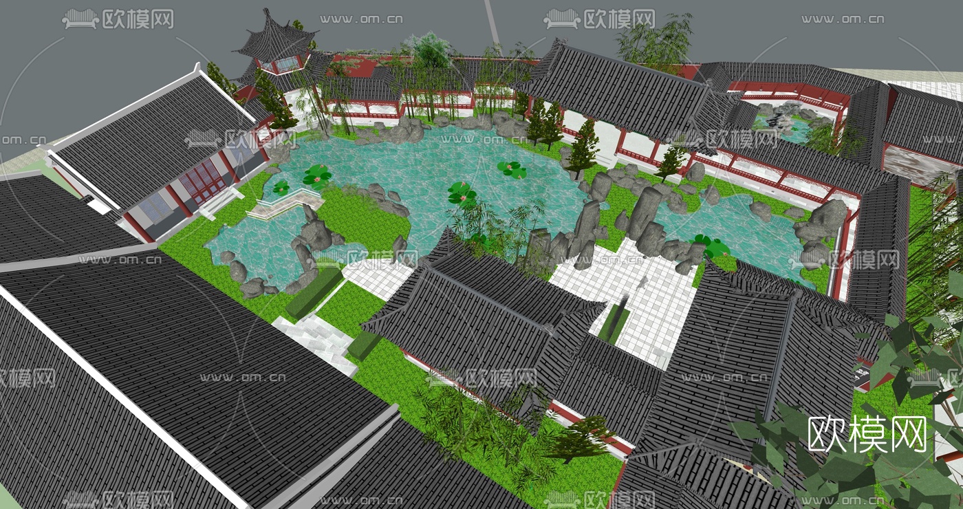 中式园林景观su模型下载