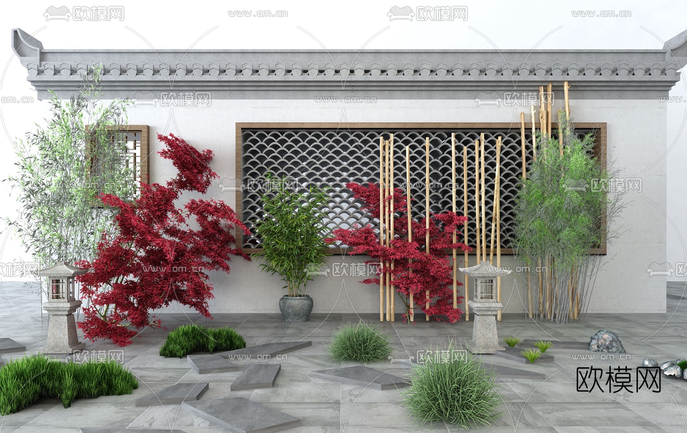 新中式竹子枫树景观小品3d模型下载