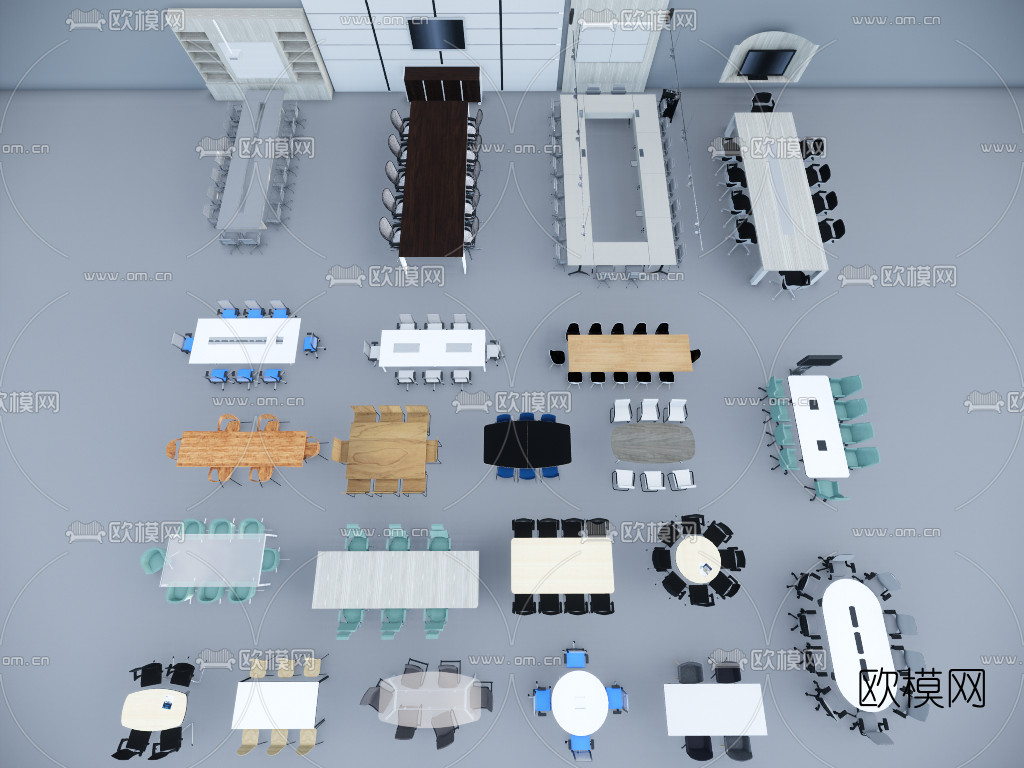 现代会议桌组合su模型下载（渲染图1）