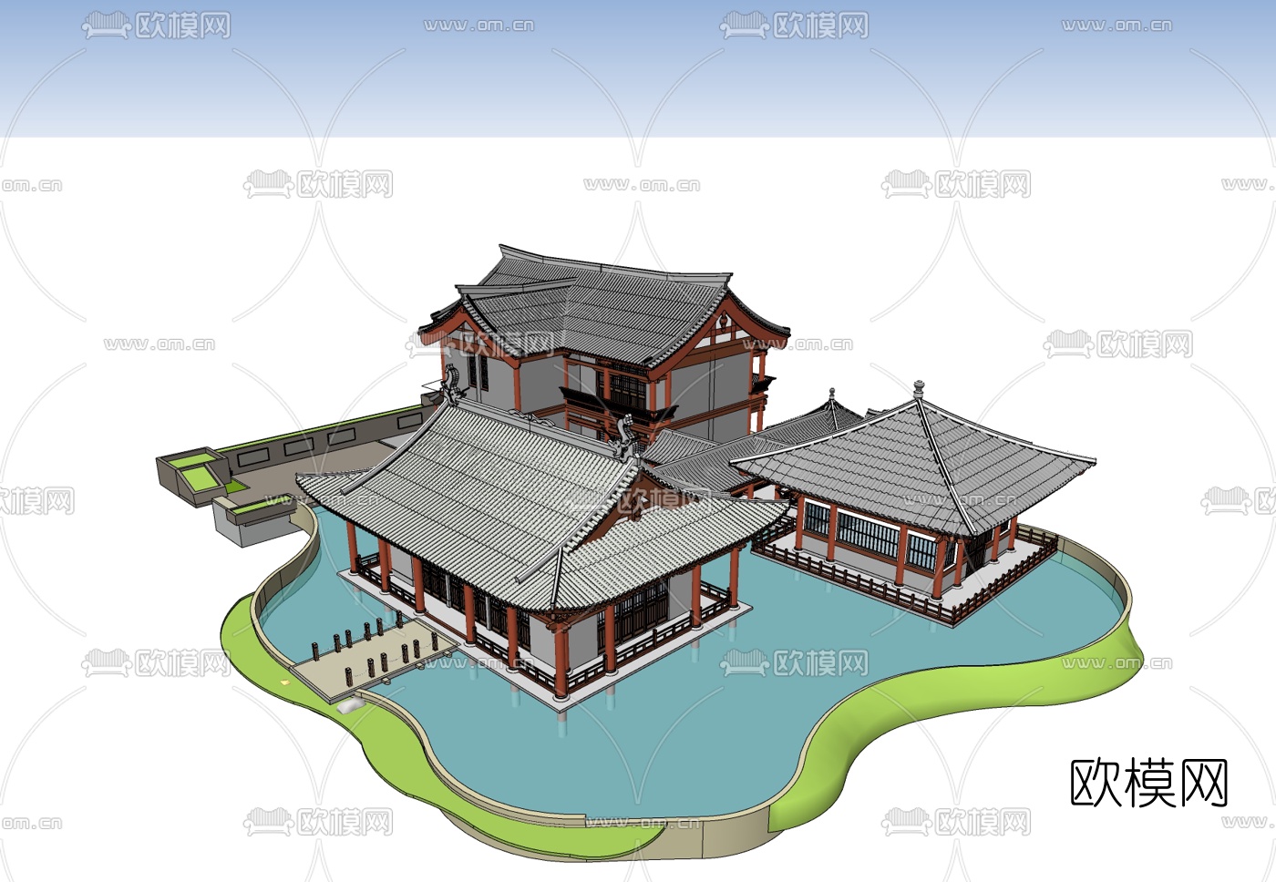 中式别墅院子免费su模型下载