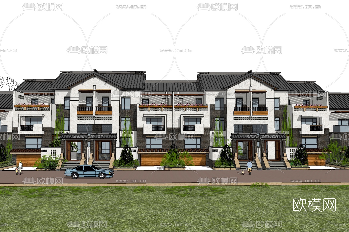 新中式连排别墅外观免费su模型下载