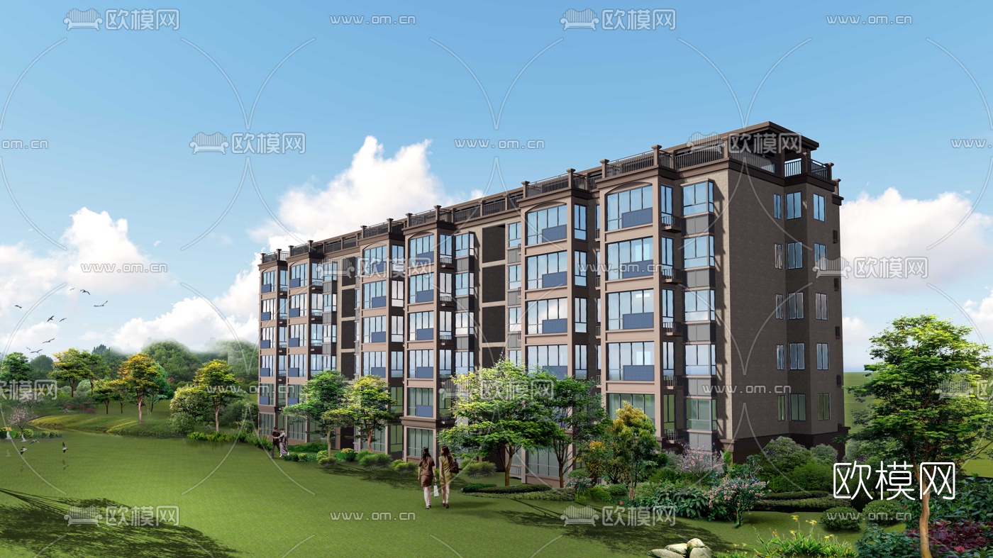 现代高层公寓楼su模型下载