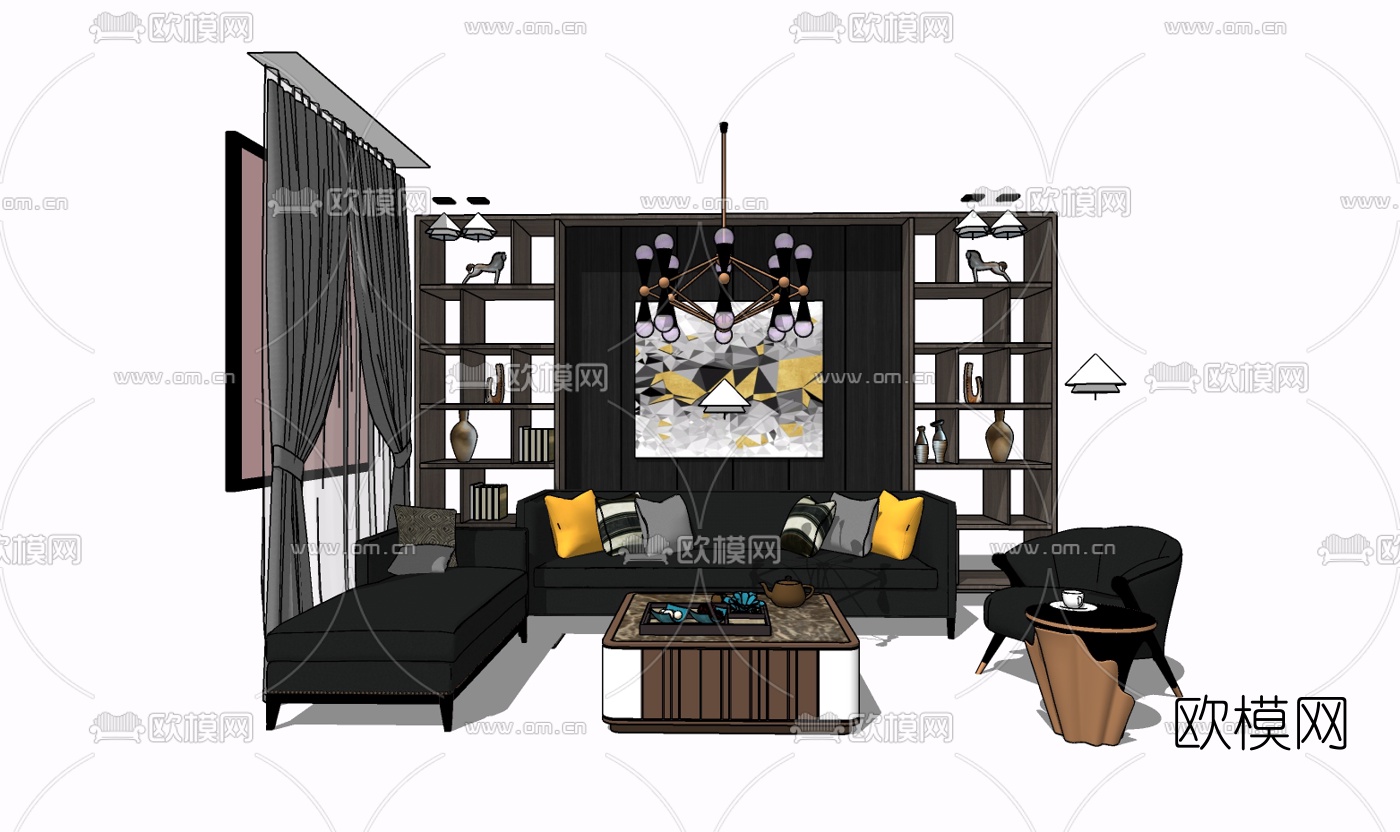 现代布艺组合沙发免费su模型下载