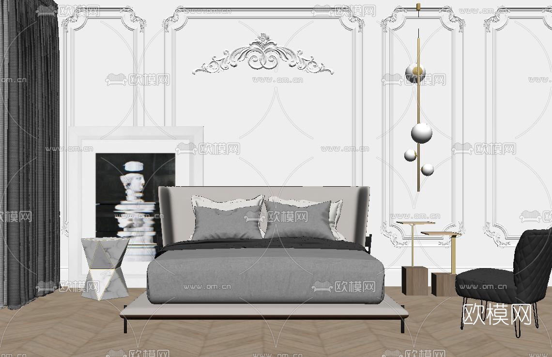 后现代布艺双人床su模型下载