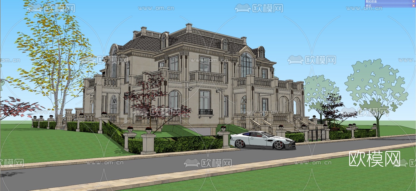 法式独栋别墅su模型下载（渲染图2）