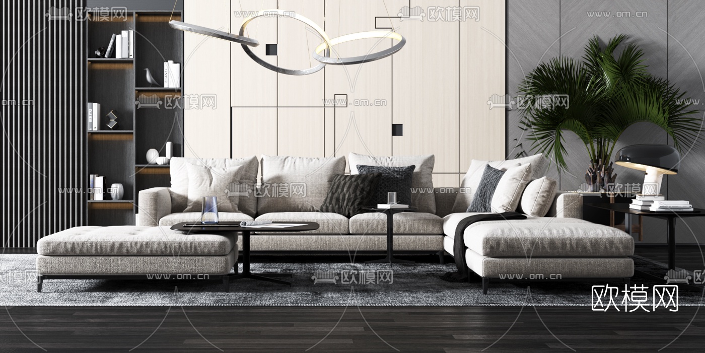 现代客厅沙发组合3d模型-免费3dmax模型库-欧模网
