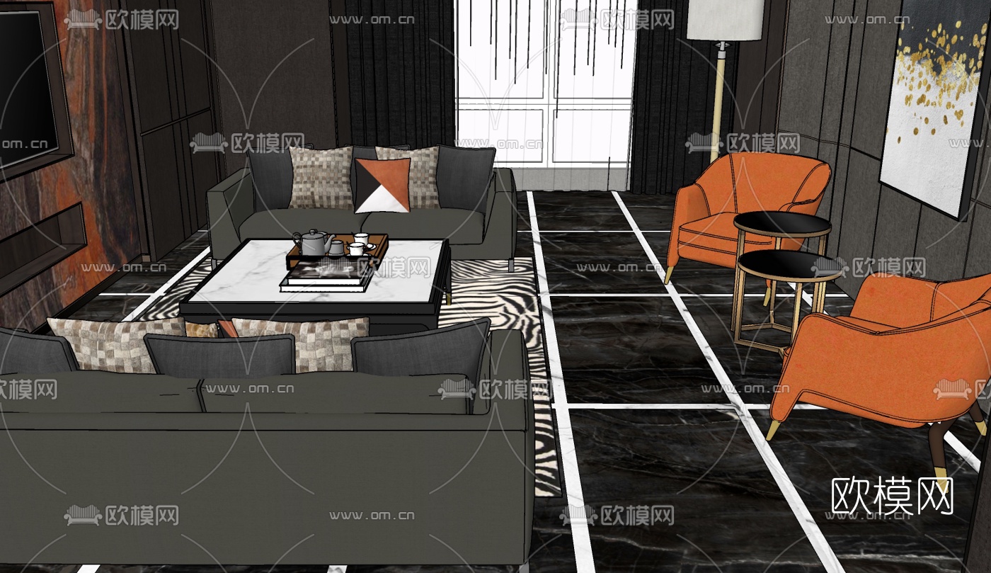 现代简约客厅免费su模型下载