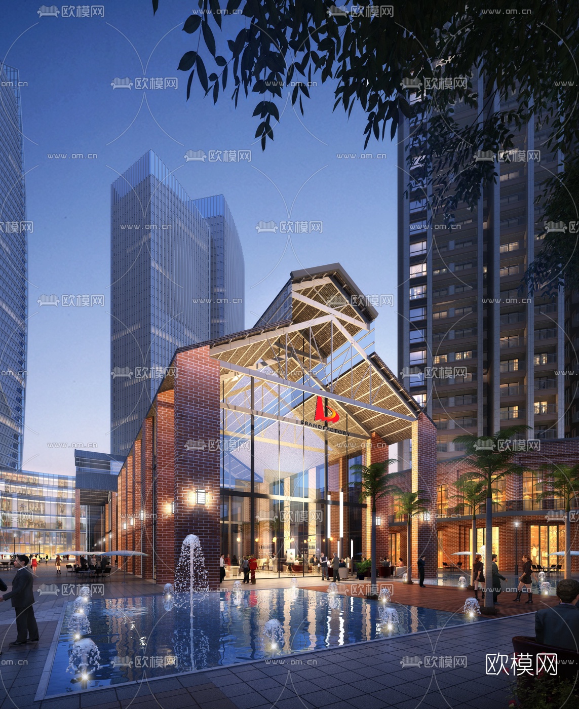现代售楼部处会所夜景外观3d模型下载