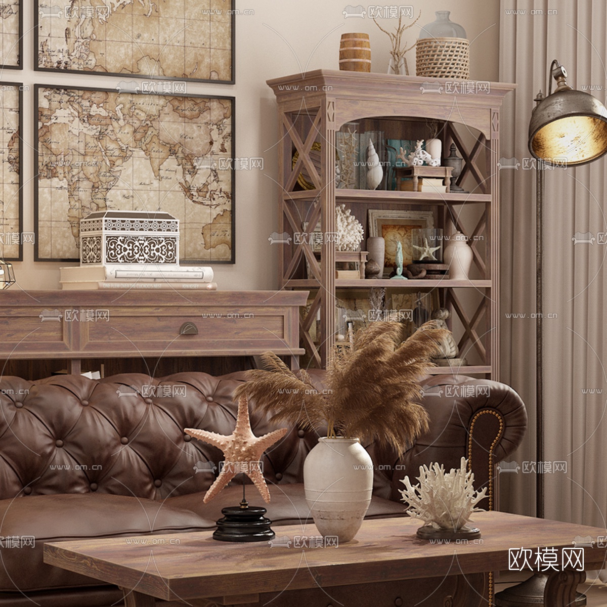 欧式古典复古客厅家具组合3d模型下载（渲染图3）