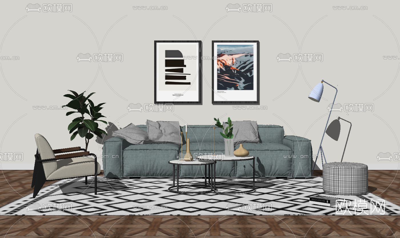 北欧布艺沙发组合su模型下载