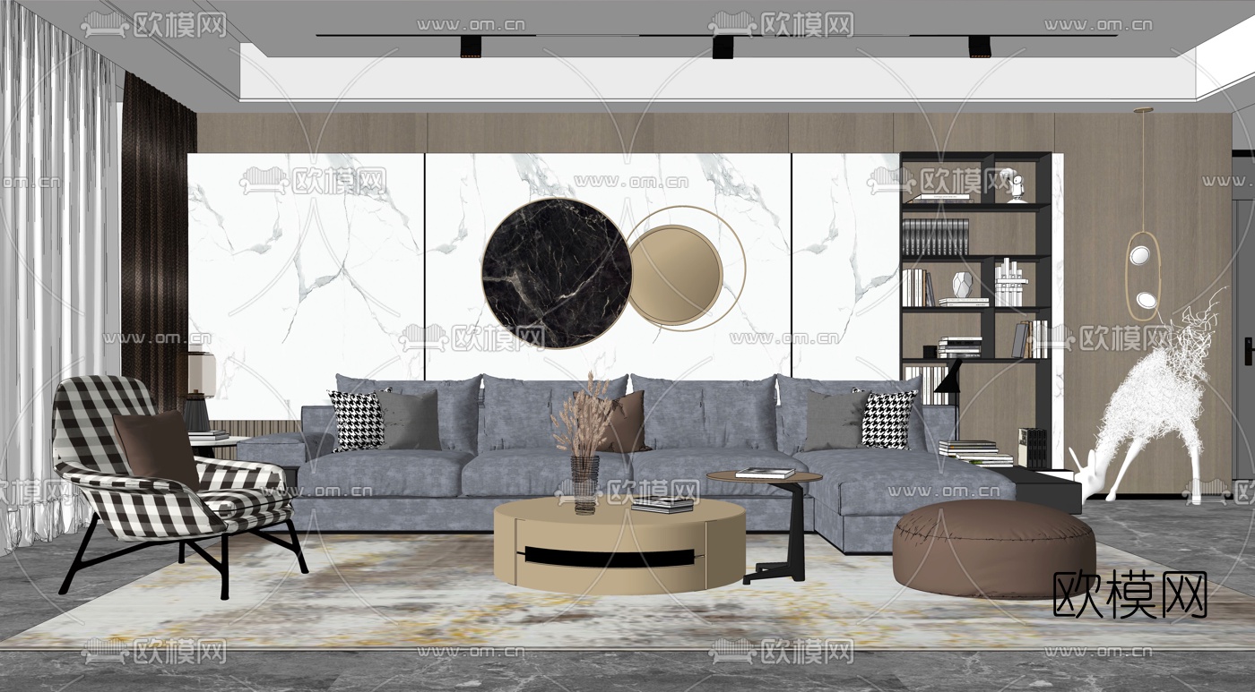 现代轻奢客厅su模型