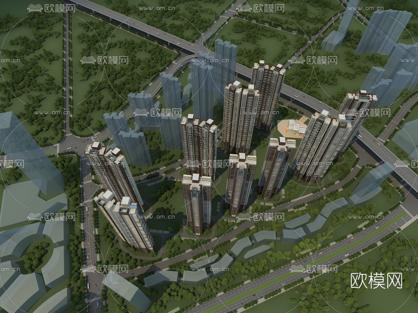 现代住宅楼鸟瞰规划3d模型下载