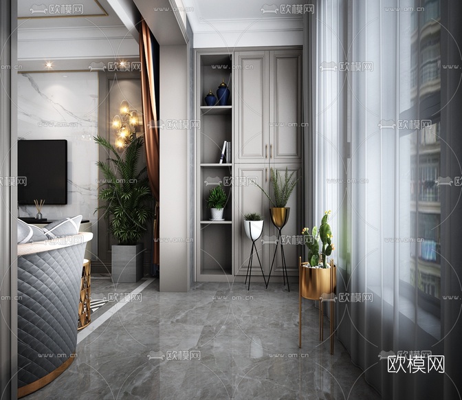 现代轻奢客厅餐厅3d模型下载(渲染图3)