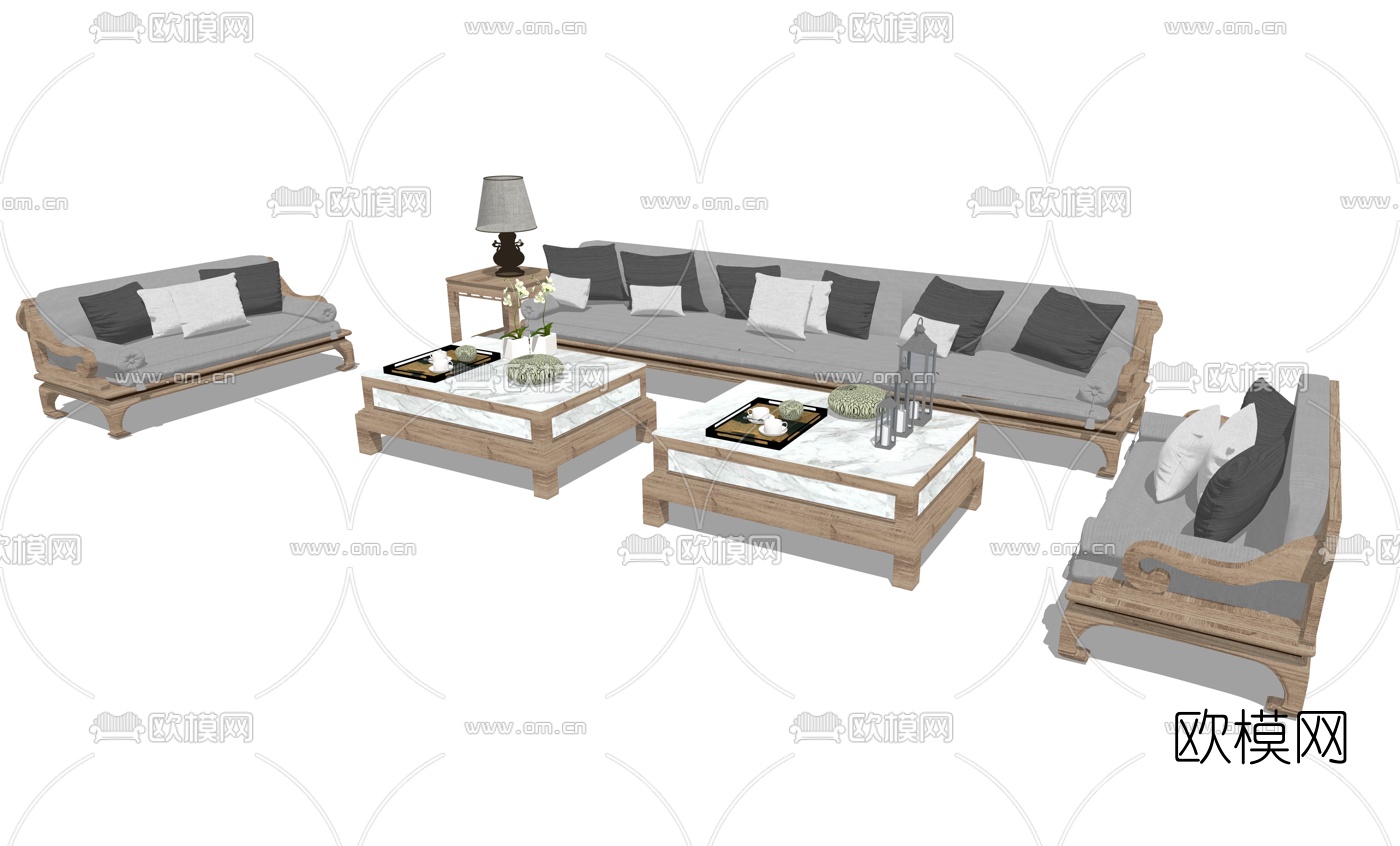 新中式布艺沙发组合su模型下载（渲染图2）