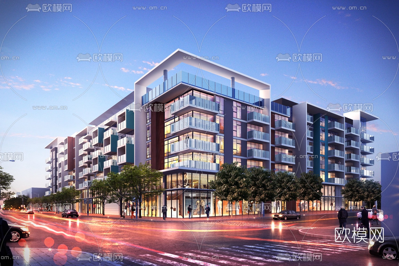 现代商业办公楼建筑外观夜景3d模型下载