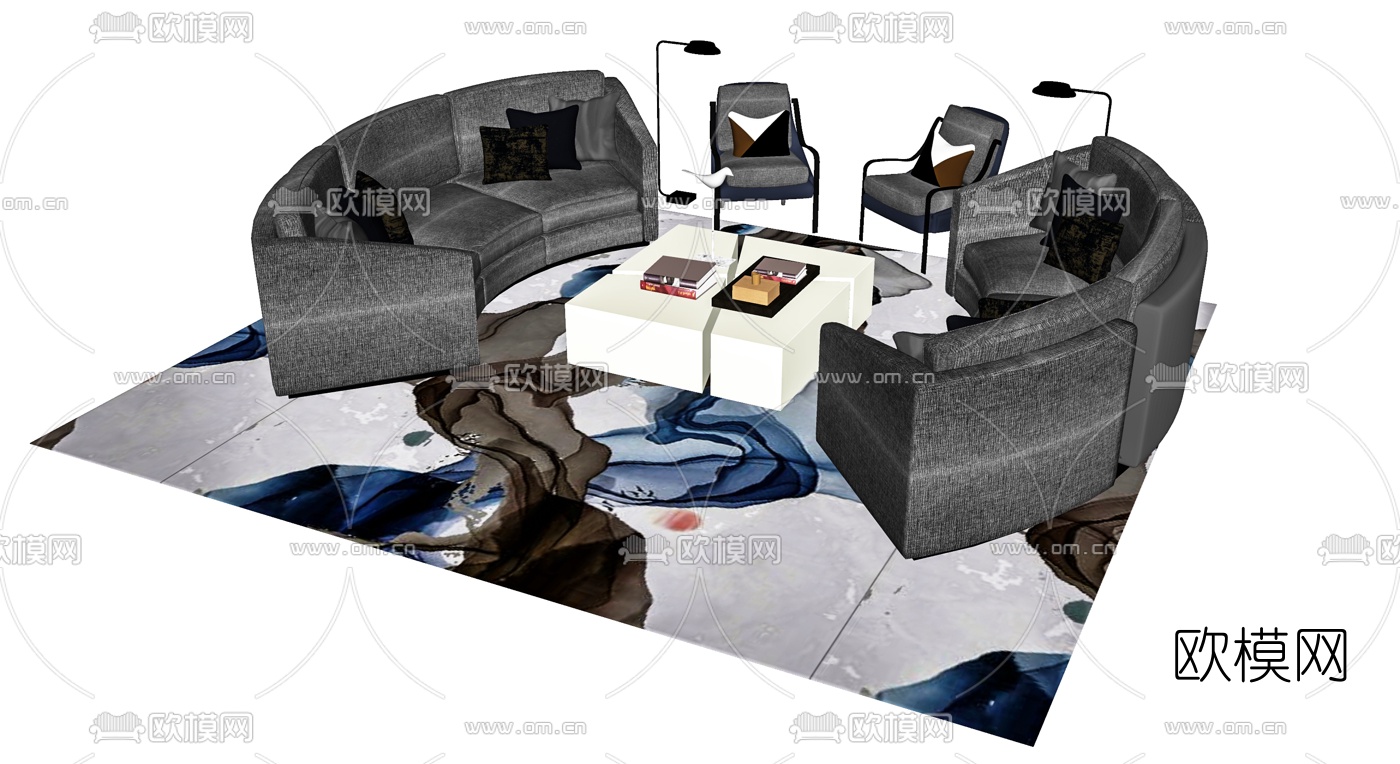 新中式布艺沙发组合su模型下载（渲染图1）