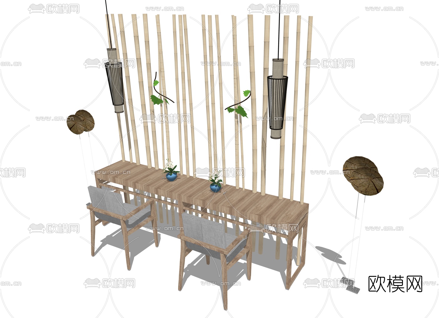 新中式竹子隔断书桌椅su模型下载（渲染图2）