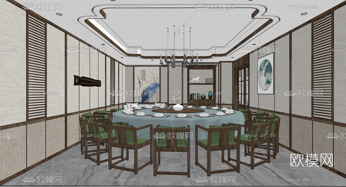 新中式餐厅包间su模型