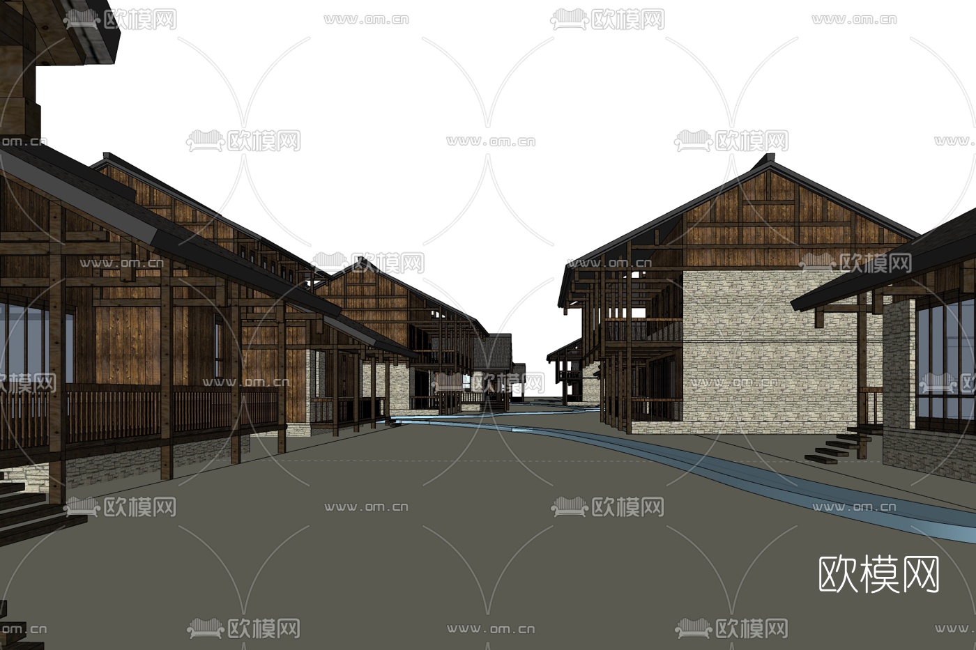 新中式商业街免费su模型下载