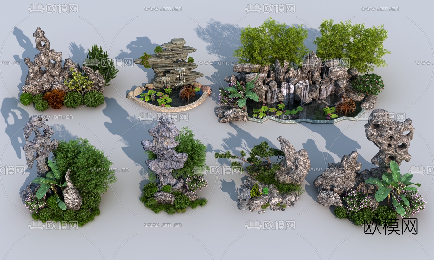 中式假山园林景观3d模型