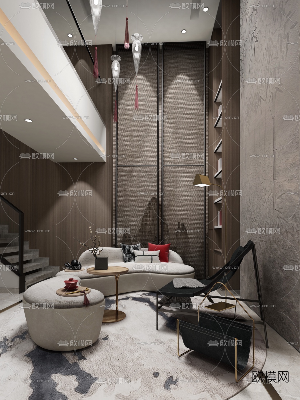 ZAD左木设计 新中式复式公寓客厅3d模型下载