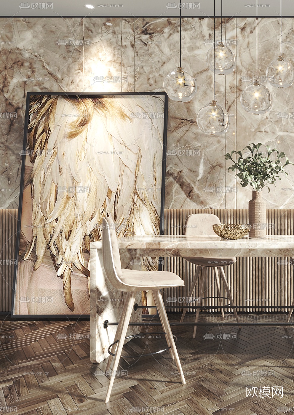 现代轻奢大理石餐吧台组合d模型下载（渲染图3）