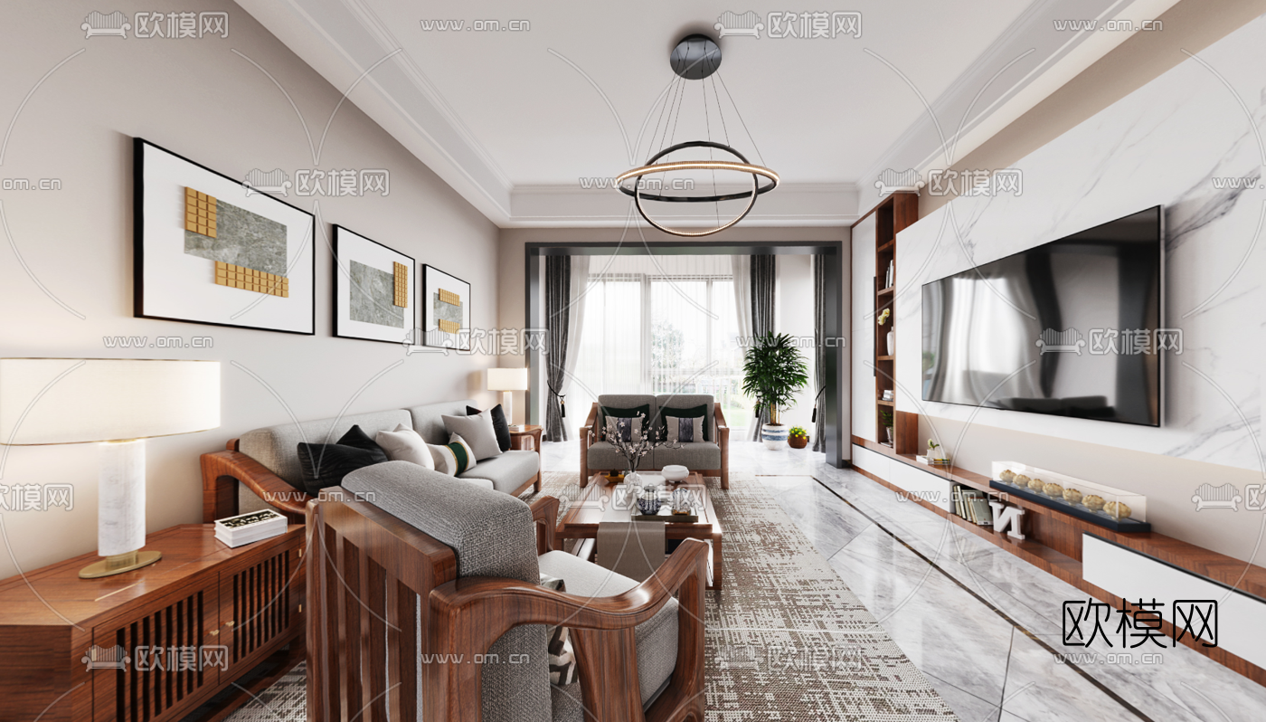 新中式客厅餐厅cr全景3d模型