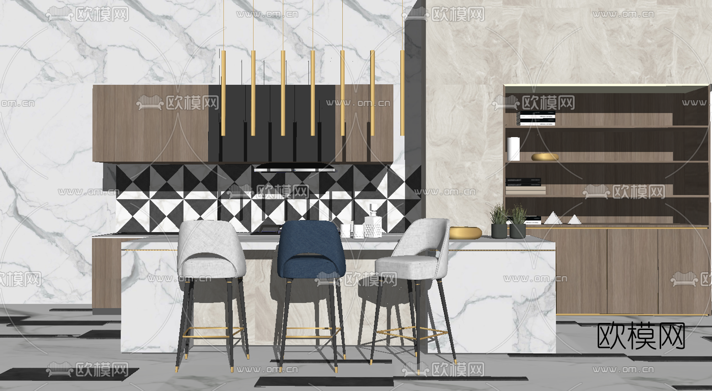 现代橱柜吧台吧椅su模型下载