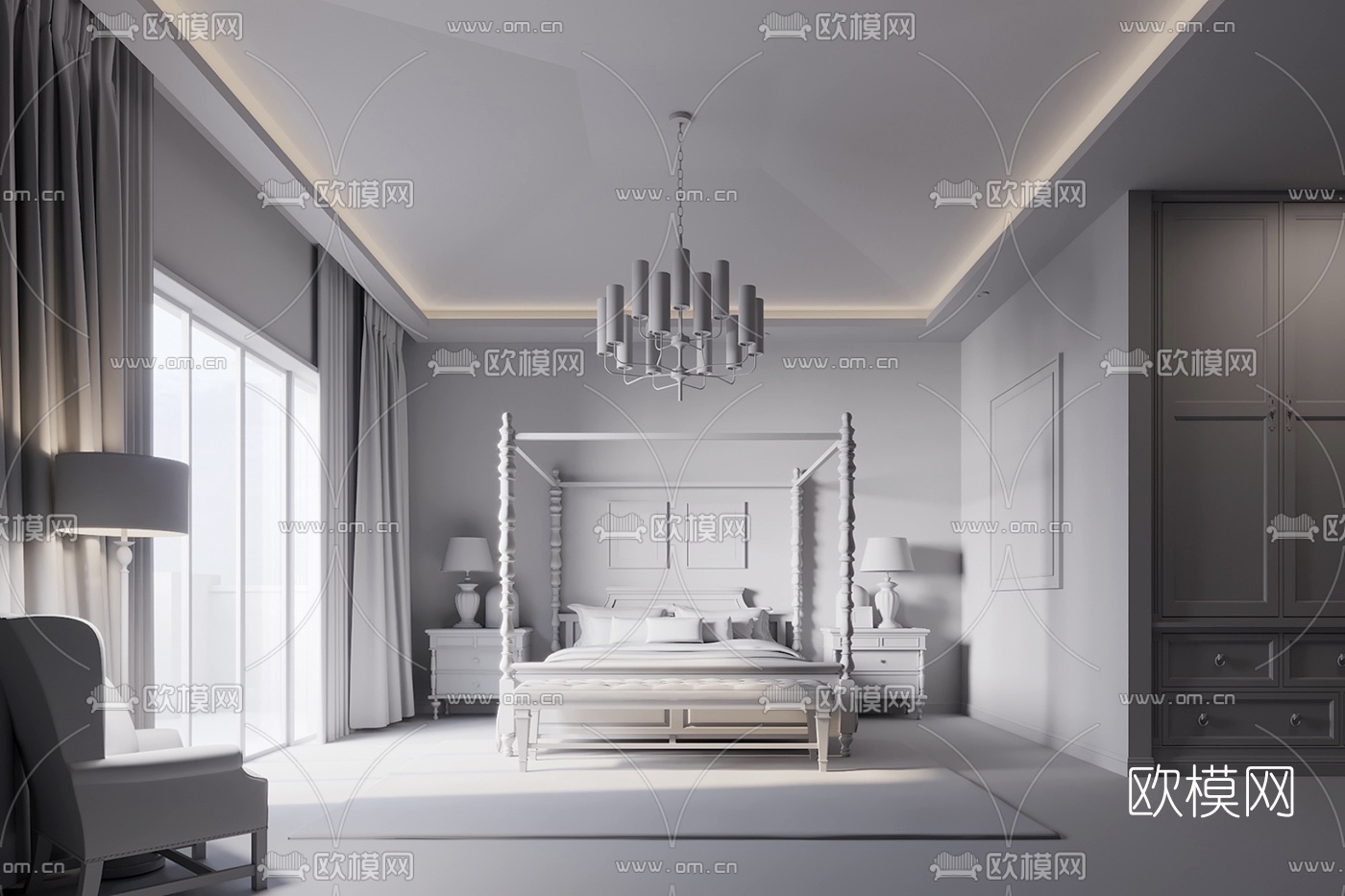 美式卧室主人房3d模型下载（渲染图2）