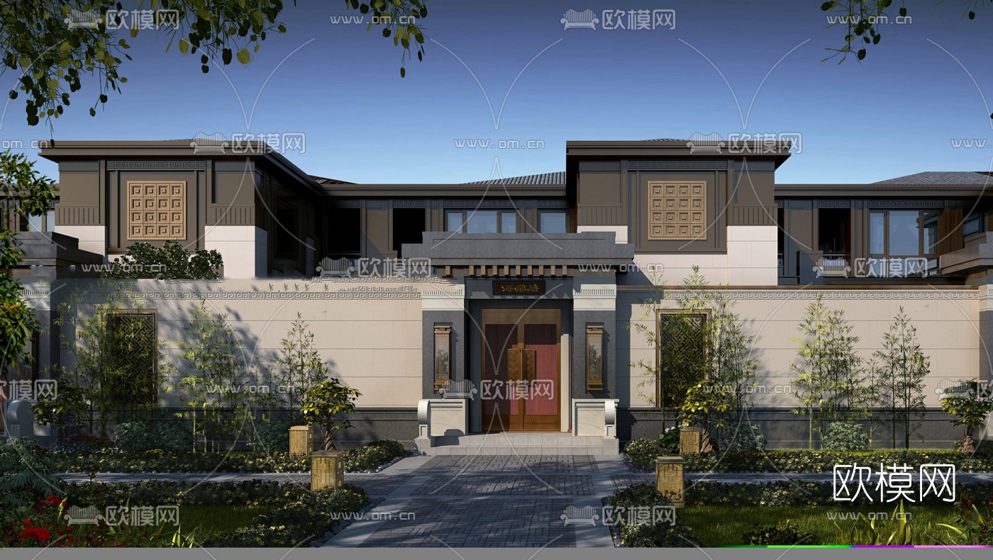 新中式独栋别墅su模型下载（渲染图2）