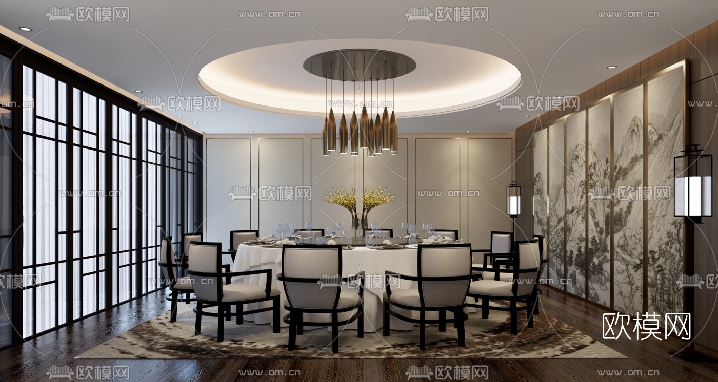 新中式餐饮包厢su模型下载（渲染图1）