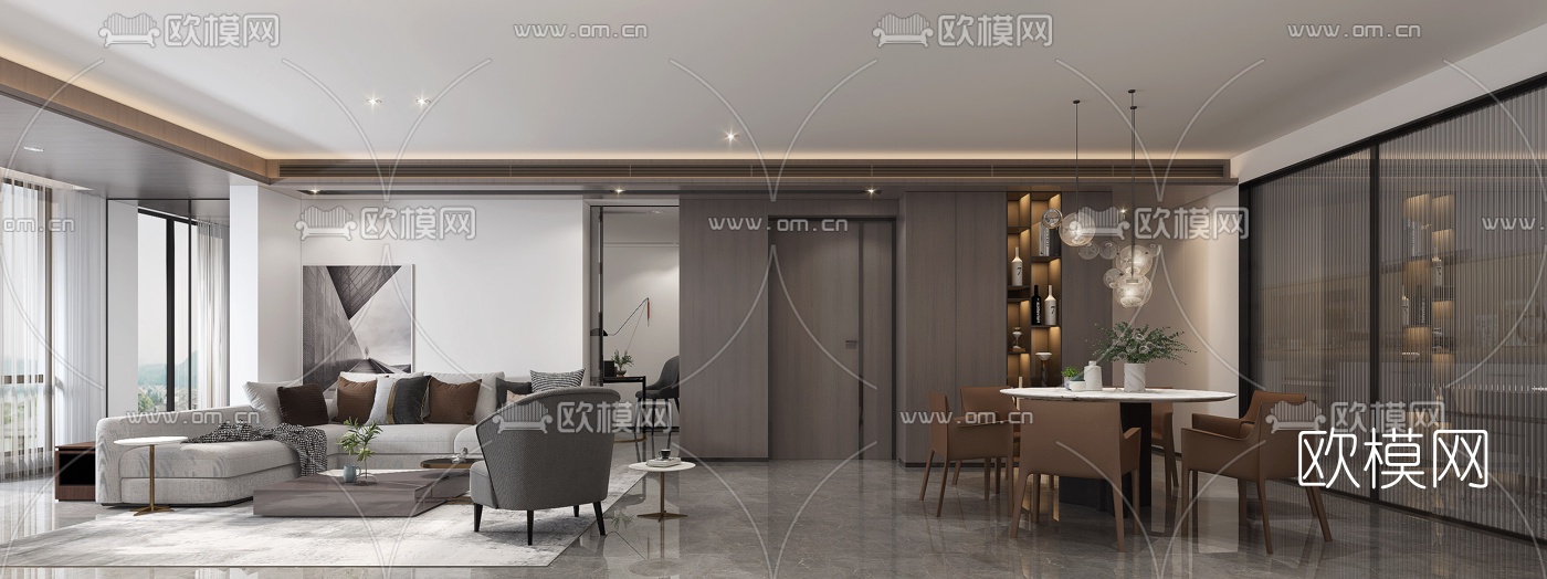 现代客厅餐厅书房3d模型