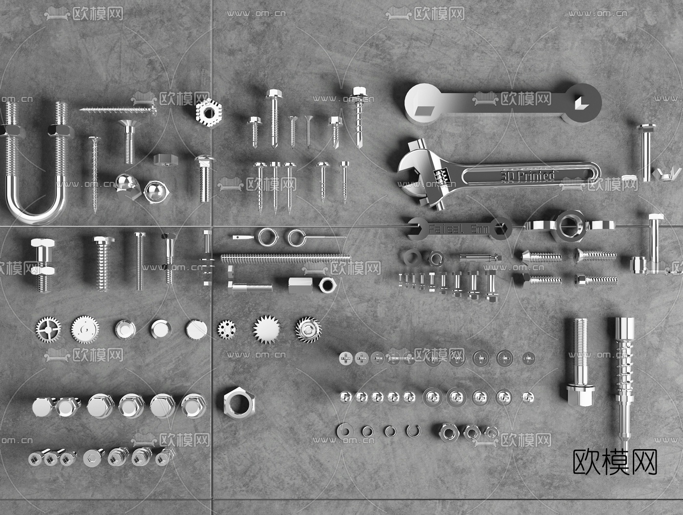 工业风扳手螺母工具组合3d模型下载