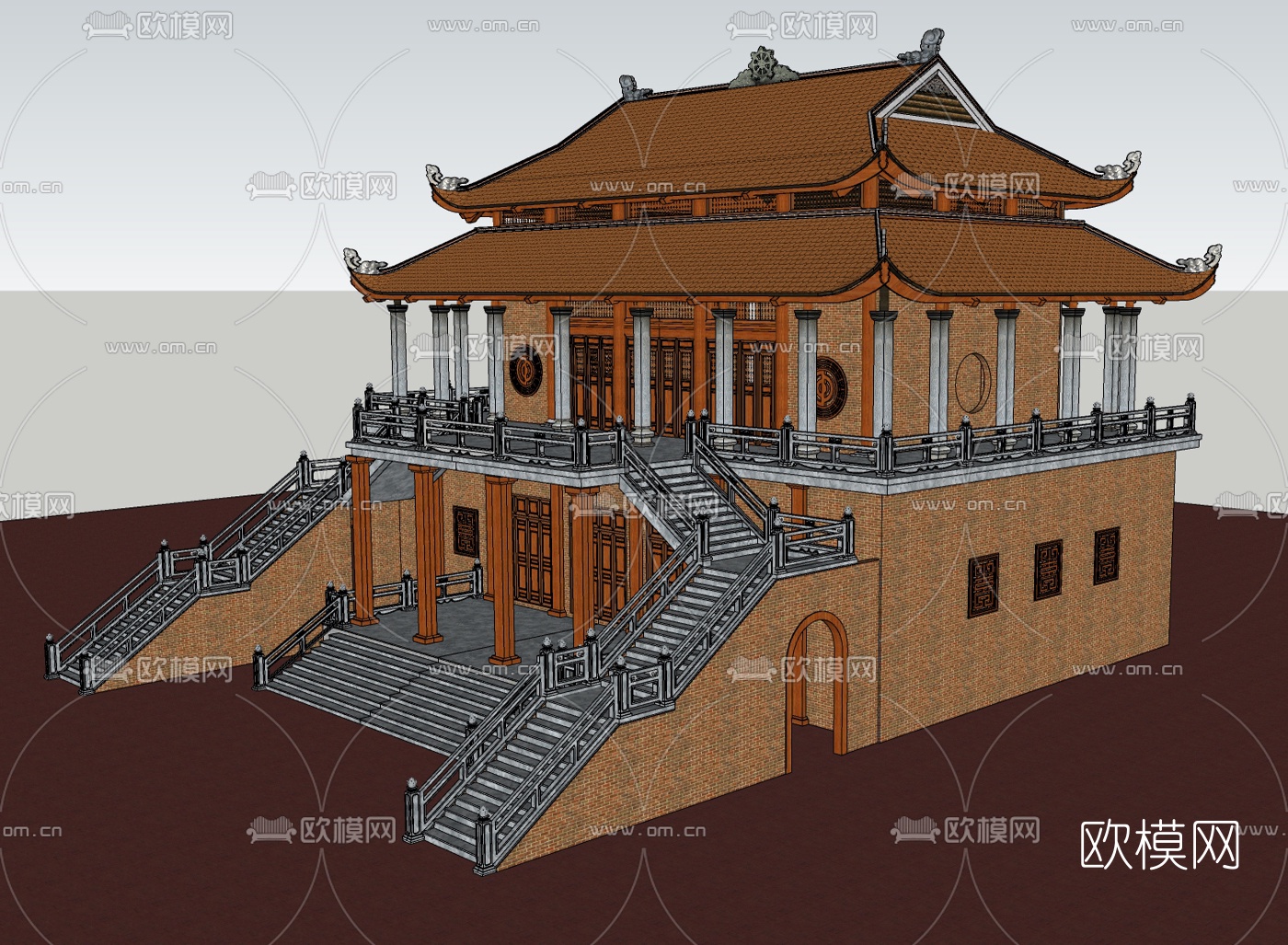 中式寺庙戏台古建su模型下载（渲染图2）