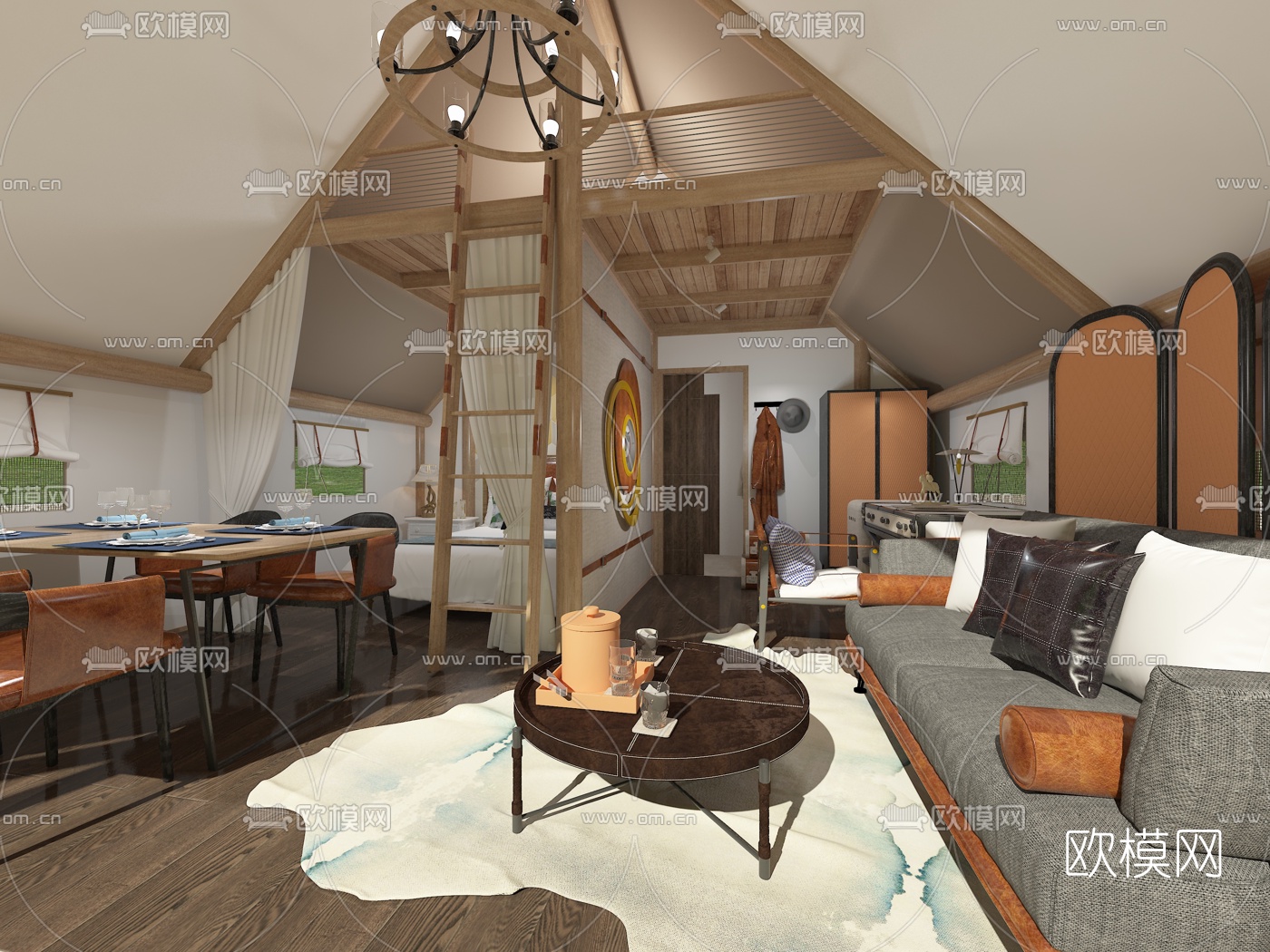 现代民宿客房免费3d模型下载（渲染图2）