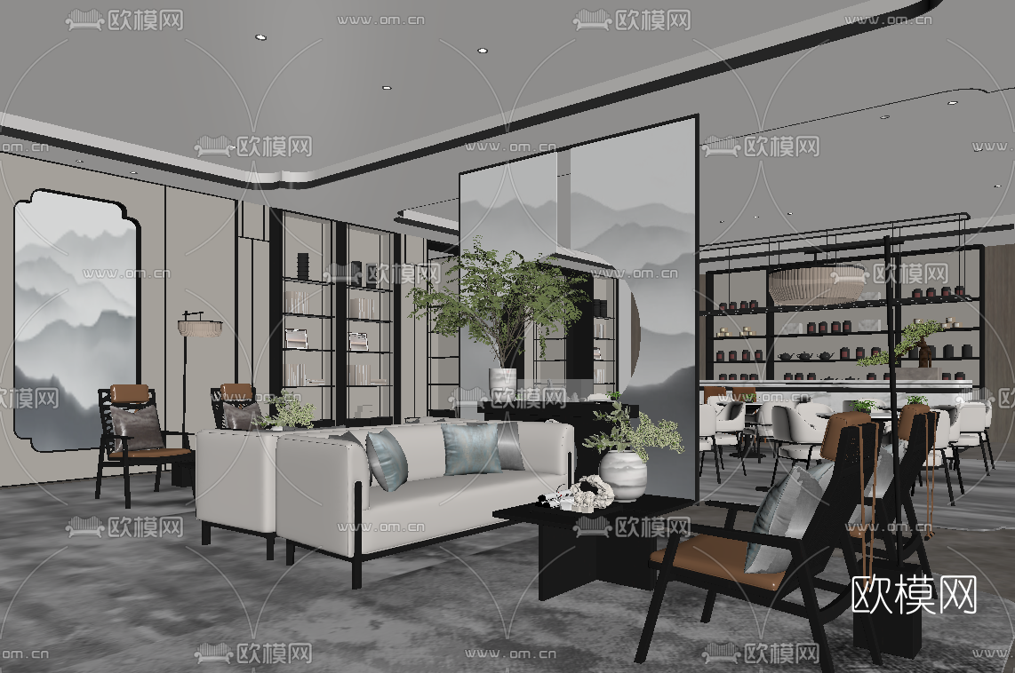 新中式接待区su模型下载