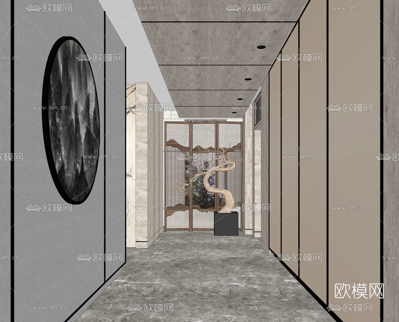 新中式酒店走廊su模型下载