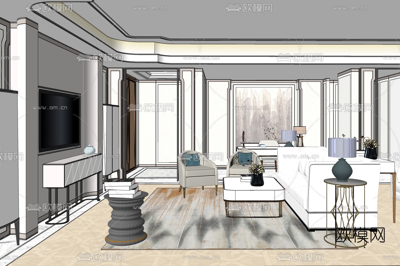 现代客厅免费su模型下载