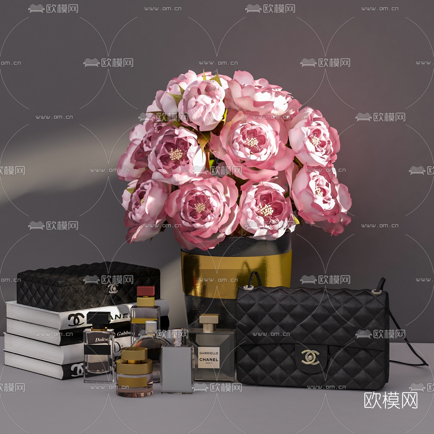 现代香奈儿手袋饰品摆件组合3d模型下载