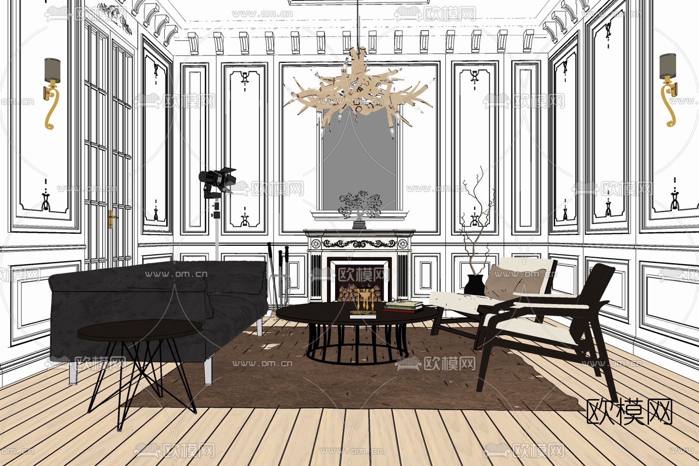简欧客厅免费su模型下载