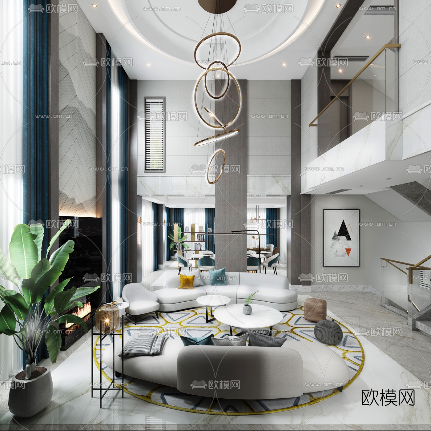 现代轻奢别墅大堂餐厅3d模型下载_ID10047898_3dmax免费模型-欧模网