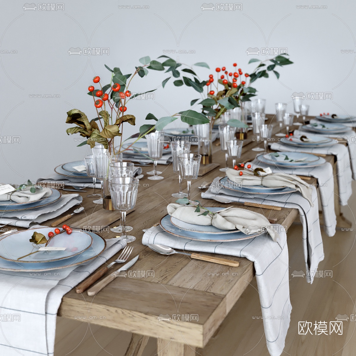 现代实木餐桌餐具饰品组合3d模型下载（渲染图2）