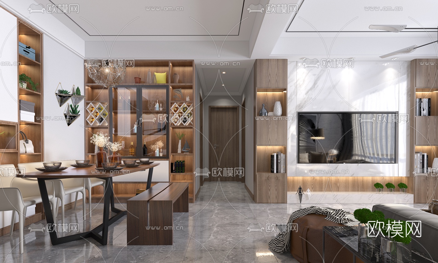 现代客厅餐厅3d模型