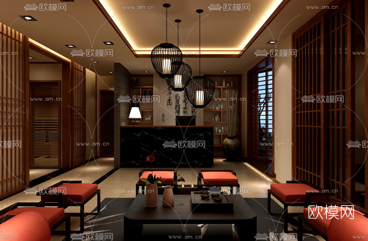 中式养生馆免费3d模型下载（渲染图2）