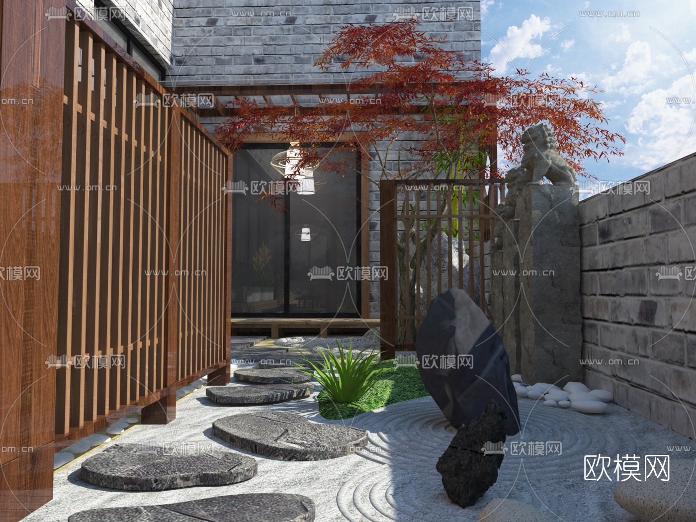 中式庭院景观su模型下载（渲染图1）
